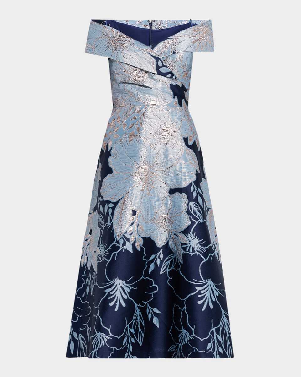 Off-Shoulder Metallic Jacquard Midi Dress